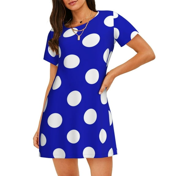 Honeii Blue And White Polka Dot Print Women's Loose Short Sleeve Nightgown, Soft Cotton Sleepwear, Comfy Loose Fit Pajama Dress for Sleep and Lounge