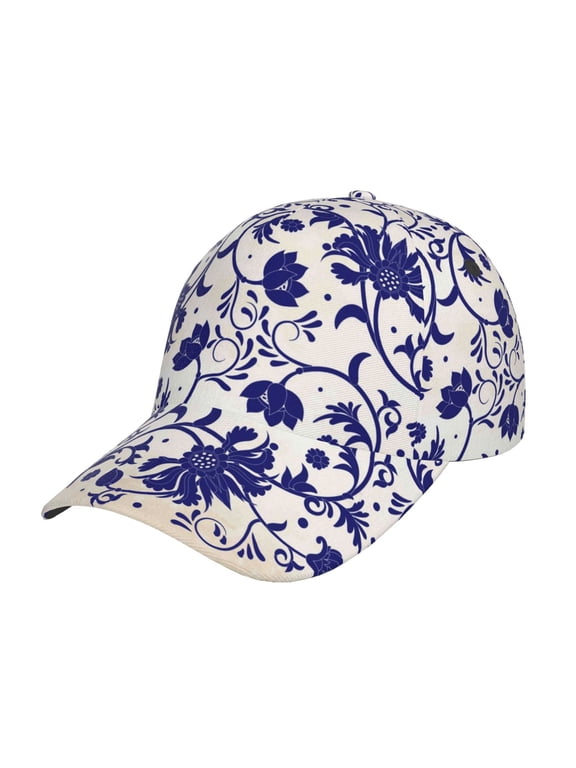 Blue And White Porcelain Pattern Print Hat, Women's Baseball Hat Unisex Fit, Baseball Cap,Adjustable One Size