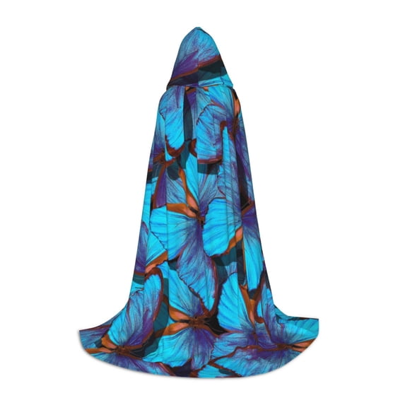 Honeii Blue Butterflies Print Poncho Cape, Cloak Coat, Snuggly Hooded Wearable Blanket, Hooded Cape For Teenagers,Halloween Costumes-Large