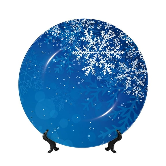 Honeii Blue Christmas With Snowflakes Print Elegant Bone China Decorative Plate, Porcelain Plate,Art Crafts,Ceramic Ornaments for Home Office Wall Decor-6in