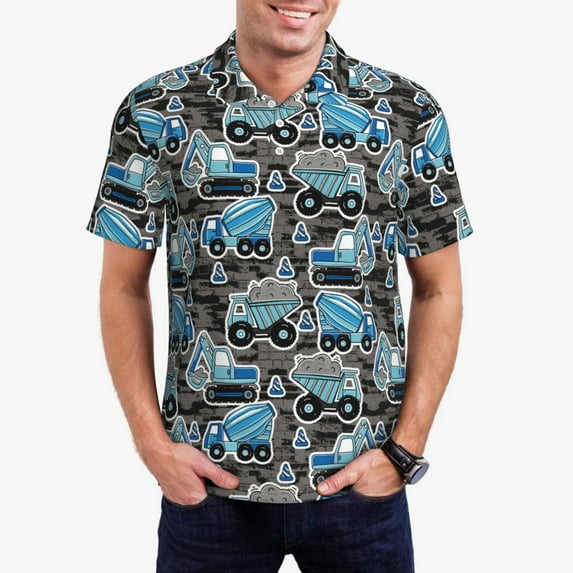 Honeii Blue Excavator print Polo Shirt, a classic short-sleeved, button-down golf shirt designed for menX-Large