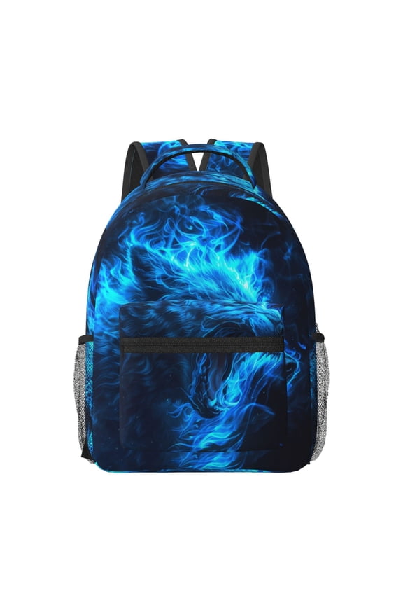 Blue Fire Wolf Print Backpack for School,15.6 inch Laptop Back Pack for High School and College Students, Waterproof Computer Bookbag-One Size