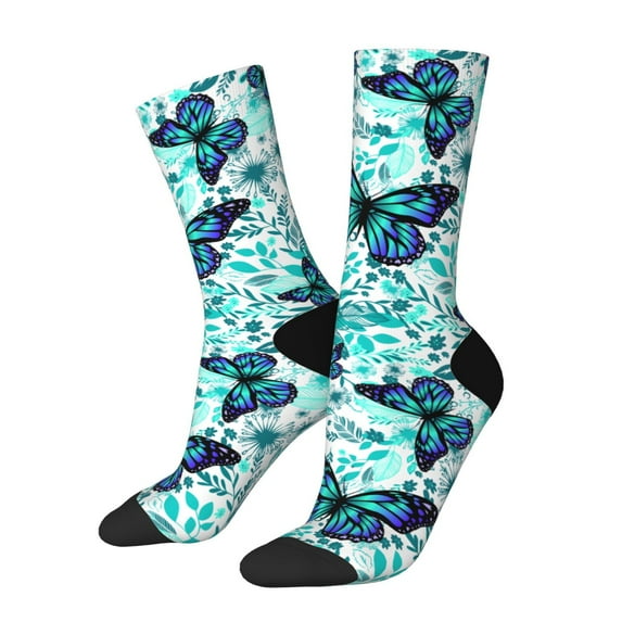 Honeii Blue Floral with Butterflies Print Adult Socks,Crew Socks,Casual Calf Socks,Daily Wear Socks for Men & Women, Perfect for Sports, Casual and Everyday Use