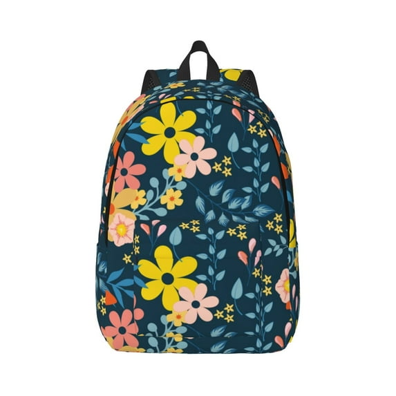 Honeii Blue Floral Print Canvas College Laptop Backpack, Durable Rucksack Travel Notebook Bag School Backpack Book Bag for Men Women-Small