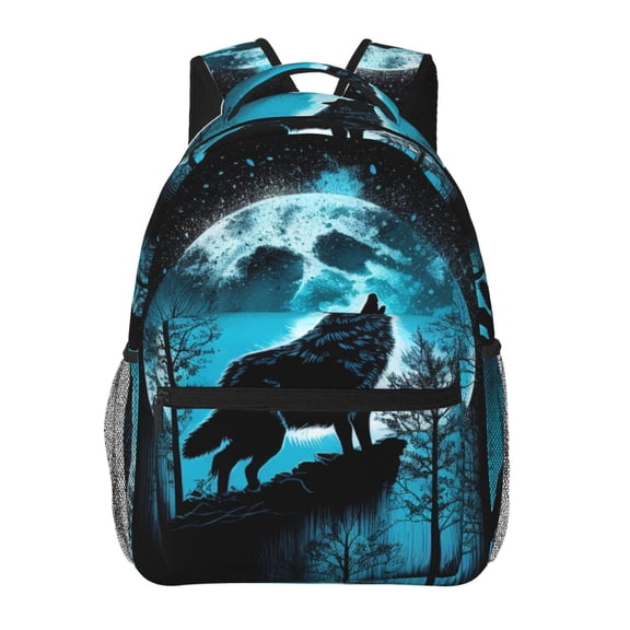 Honeii Blue Full Moon Wolf Print Backpack for Both Men and Women, Basic Bookbag for College, Work, or Travel,Rucksack Computer Bag-One Size