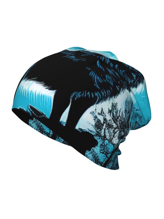 Blue Full Moon Wolf Print Kids Knit Beanie Watch Hat ,Knit Cap for Boys and Girls