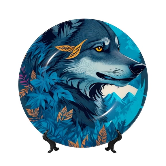 Honeii Blue Iceberg Leaf Wolf Print Elegant Bone China Decorative Plate, Porcelain Plate,Art Crafts,Ceramic Ornaments for Home Office Wall Decor-6in