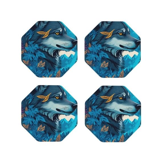 Honeii Blue Iceberg Leaf Wolf print Leather Coaster Set of 4, ideal for safeguarding your furniture from drinks spills and effortless cleanup-Octagon