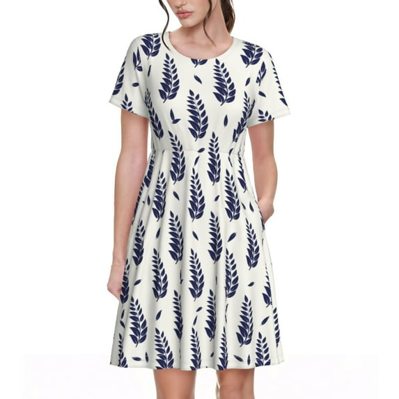 Honeii Blue Leaves Print Women’s Short Sleeve Dress, Comfortable Casual Dress, Soft Polyester Spandex Blend, Stylish Everyday Wear for Summer, Perfect for Travel and Vacation