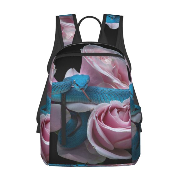 Honeii Blue Lipped Pit Viper And Three Pink Roses Print Lightweight Backpacks,Carry on Backpack,Durable Backpack for School, Work & Travel