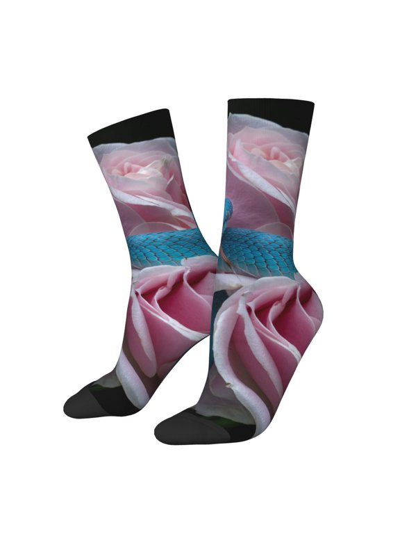 Blue Lipped Pit Viper And Three Pink Roses Print Adult Socks,Crew Socks,Casual Calf Socks,Daily Wear Socks for Men & Women, Perfect for Sports, Casual and Everyday Use