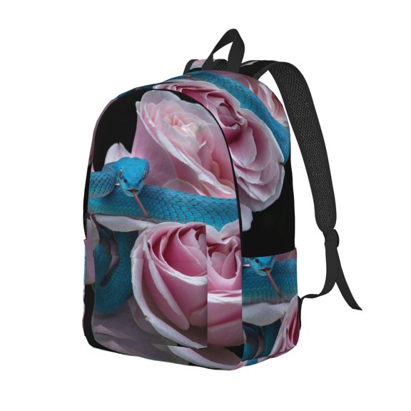 Honeii Blue Lipped Pit Viper And Three Pink Roses Print Canvas Backpack for School & Outdoor,Laptop Excursion Backpack,Notebook School Bookbag For Men Women,for Work, Travel, and Everyday Use-Small