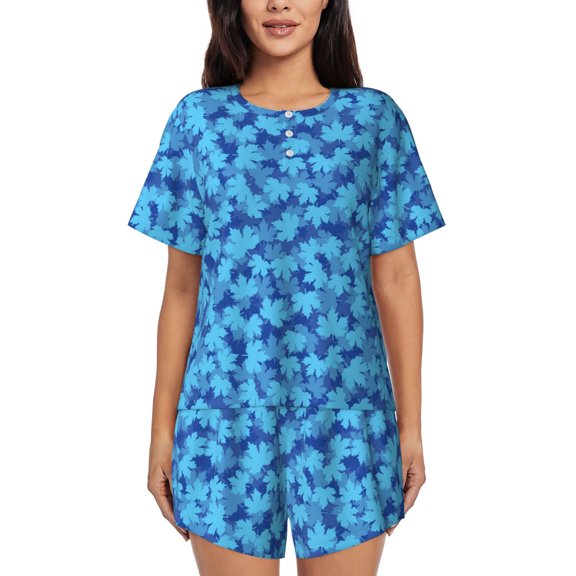 Honeii Blue Maple Leaf for Women's Summer Pajama Set ,Soft Short Sleeve Shirt & Matching Bottoms,Loungewear,2PCS Sleepwear Relaxed Home Wear-3X-Large