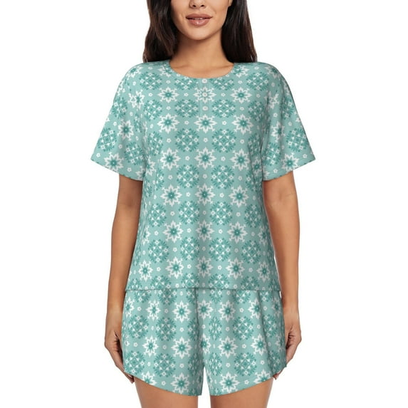 Honeii Blue Print for Women's Summer Pajama Set featuring Soft Short Sleeve Shirt & Matching Bottoms with Convenient Pockets for Relaxed Home Wear-X-Large