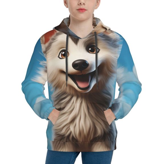 Honeii Blue Sky Cute Wolf Pattern Long-Sleeve Hooded Sweatshirt Pullover Hoodie for Boys and Grils-Small