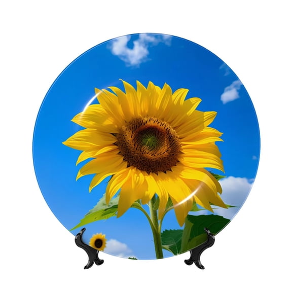 Honeii Blue Sky Sunflower Print Elegant Bone China Decorative Plate, Porcelain Plate,Art Crafts,Ceramic Ornaments for Home Office Wall Decor-6in
