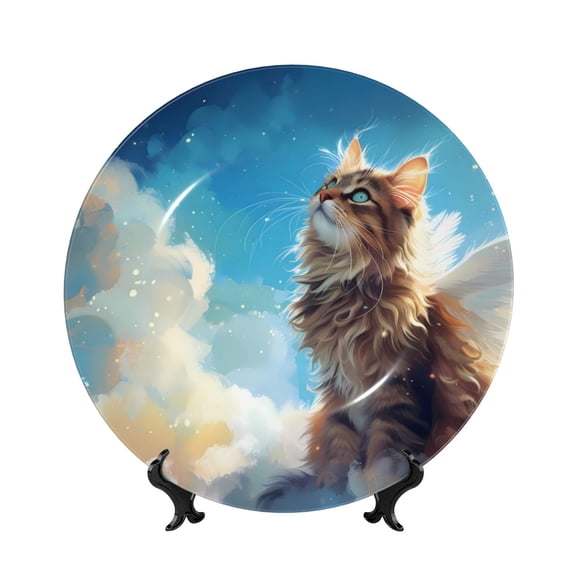 Honeii Blue Sky Winged Cat Print Elegant Bone China Decorative Plate, Porcelain Plate,Art Crafts,Ceramic Ornaments for Home Office Wall Decor-6in