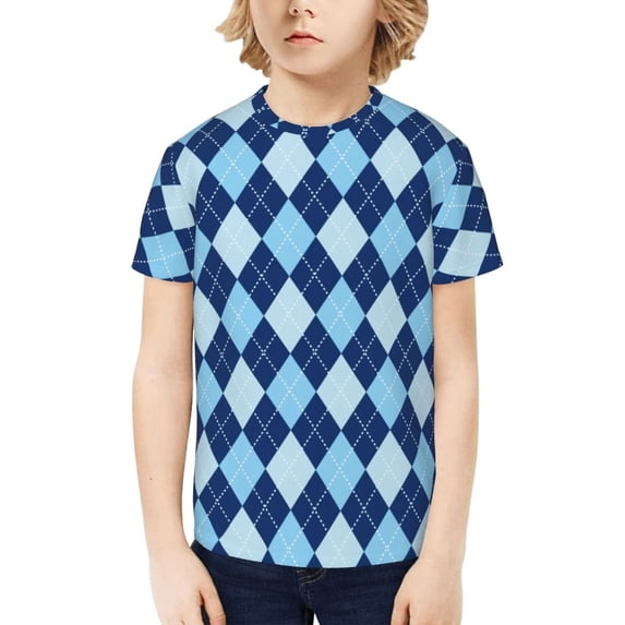 Honeii Blue Squares Print Kids Boy T-Shirt,Breathable Round Neck Tee,Stylish Summer Tee for Boys, for Outdoor Activities and Casual Wear