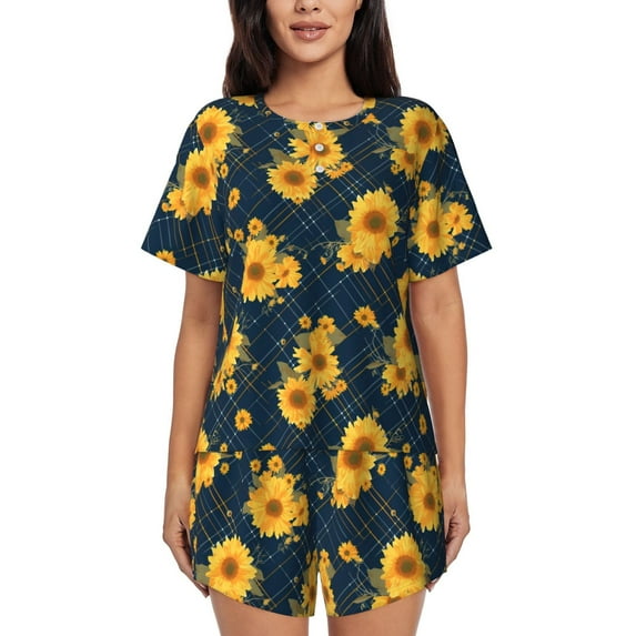 Honeii Blue Striped Sunflower A for Women's Summer Pajama Set featuring Soft Short Sleeve Shirt & Matching Bottoms with Convenient Pockets for Relaxed Home Wear-3X-Large