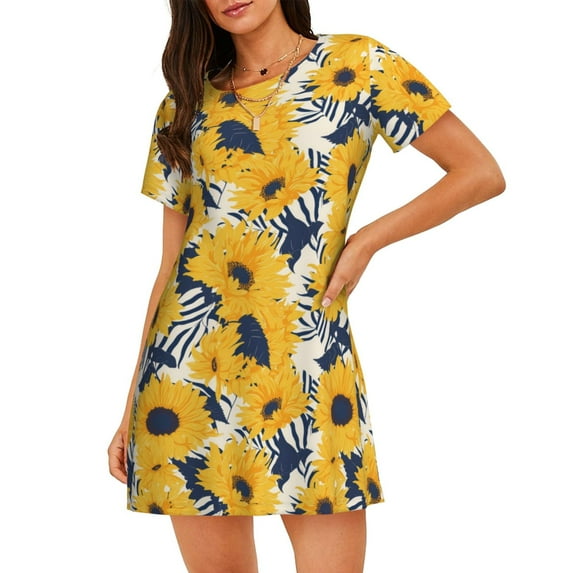 Honeii Blue Striped Sunflower Print Women's Loose Short Sleeve Nightgown, Soft Cotton Sleepwear, Comfy Loose Fit Pajama Dress for Sleep and Lounge