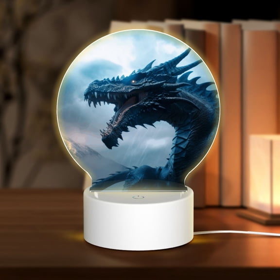 Honeii Blue Thunder Storm Dragon Print Acrylic LED Night Lamp,Round Touch-Control Night Light with 3 Lighting Modes,for Bedrooms, Living Rooms, and Gifting