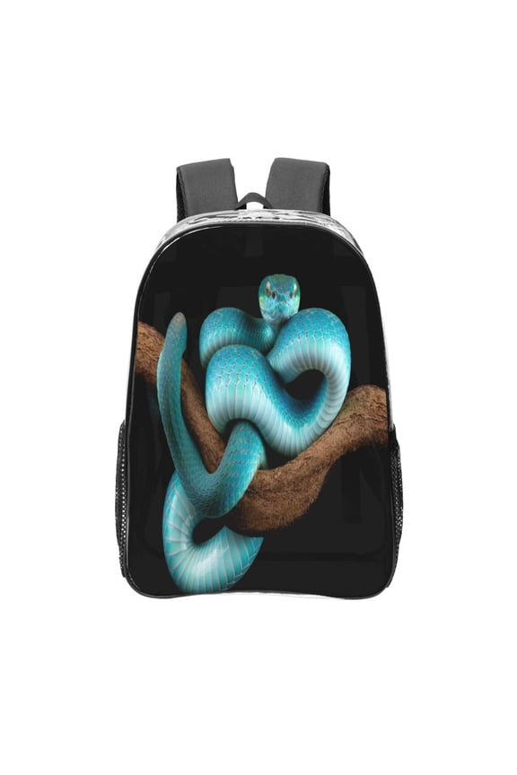 Blue Viper Snake Print Clear Backpack Heavy Duty Transparent Bag 17" See Through BookBag for Women Men Adults Work Festival Sports Travel
