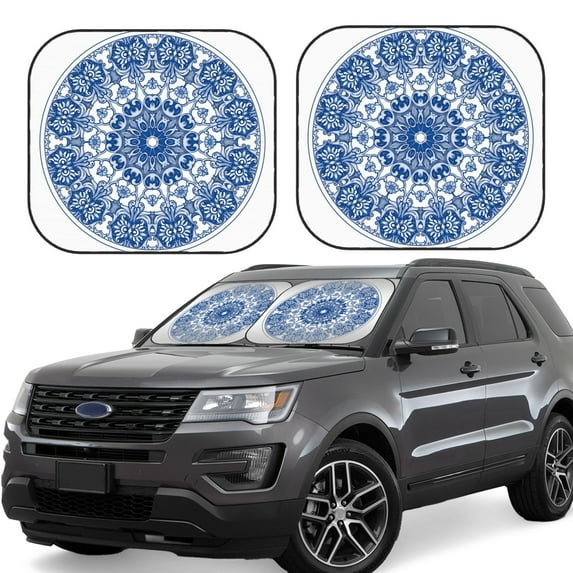 Honeii Blue Watercolor Print Foldable Car Sun Shade for Windshield, 2-Piece UV Protection Shade, Protects Car Interior, Ideal for Cars, Trucks, SUVs-Small