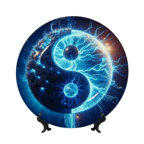 Honeii Blue Yin And Yang Print Elegant Bone China Decorative Plate, Porcelain Plate,Art Crafts,Ceramic Ornaments for Home Office Wall Decor-10in