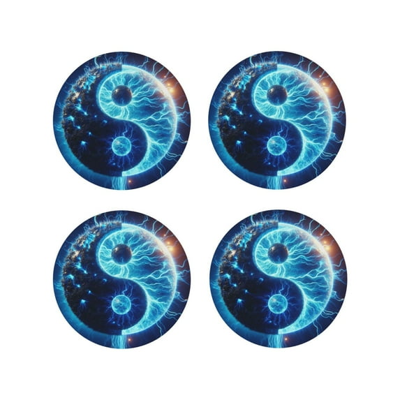 Honeii Blue Yin And Yang Print Leather Coaster Set of 4, Ideal for Safeguarding Your Furniture from Drinks Spills and Effortless Cleanup-Round Shape