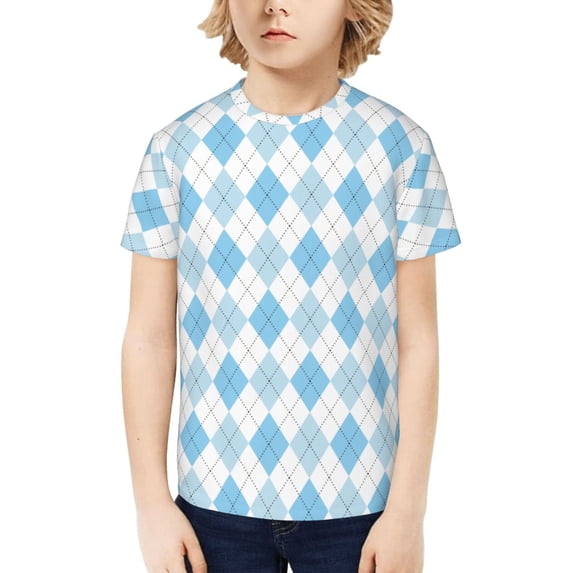 Honeii Blue and White Squares Print Kids Boy T-Shirt,Breathable Round Neck Tee,Stylish Summer Tee for Boys, for Outdoor Activities and Casual Wear