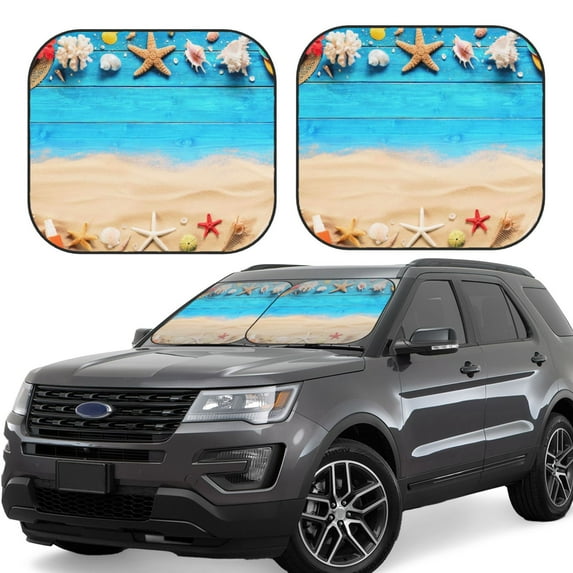 Honeii Boards and Beach Print Foldable Car Sun Shade for Windshield, 2-Piece UV Protection Shade, Protects Car Interior, Ideal for Cars, Trucks, SUVs-Large