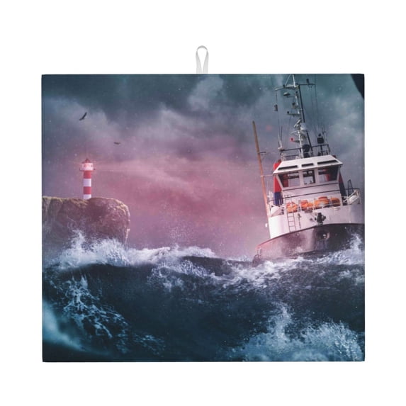 Honeii Boat Lighthouse Storm Waves for Dish Drying Mat for Kitchen Counter, Non-slip Rubber Backed, Hide Stain Kitchen Super Absorbent Draining Mat, Dish Rack Pad