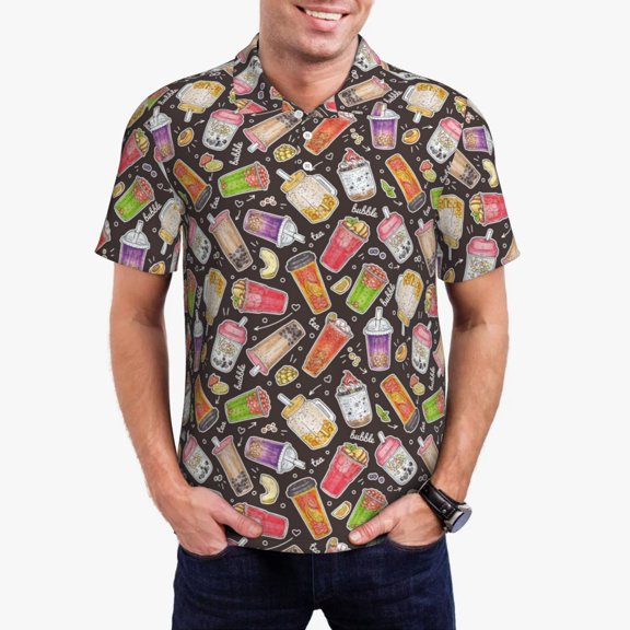 Honeii Boba Milk Tea print Polo Shirt, a classic short-sleeved, button-down golf shirt designed for menMedium