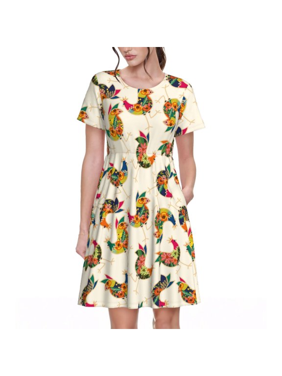 Boho Chicken Print Women’s Short Sleeve Dress, Comfortable Casual Dress, Soft Polyester Spandex Blend, Stylish Everyday Wear for Summer, Perfect for Travel and Vacation