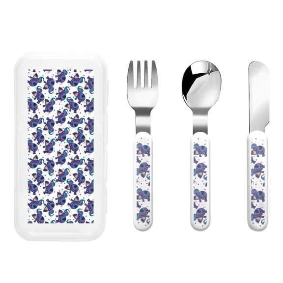 Honeii Boho elephant Print Children's Knife, Fork And Spoon Set,Reusable Utensils Set with Case,Travel Cutlery Set,for Kids Adults Camping