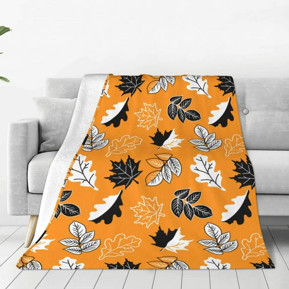 Honeii Bold Black and White Leaves Orange Print Fleece Blanket - Throw Blanket for Bed, Sofa, Couch, Camping, and Travel , Microplush Ultra Soft Warm Blanket-60"x50"