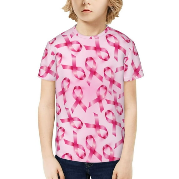 Honeii Breast Cancer Ribbons Awareness Print Kids Boy T-Shirt,Breathable Round Neck Tee,Stylish Summer Tee for Boys, for Outdoor Activities and Casual Wear