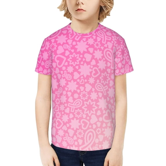 Honeii Breast CancerN Ribbons Awareness Print Kids Boy T-Shirt,Breathable Round Neck Tee,Stylish Summer Tee for Boys, for Outdoor Activities and Casual Wear