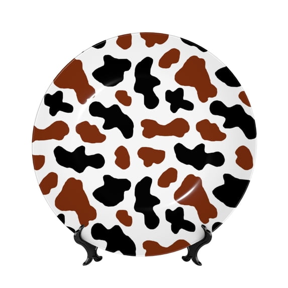 Honeii Brown Black Cow Print Elegant Bone China Decorative Plate, Porcelain Plate,Art Crafts,Ceramic Ornaments for Home Office Wall Decor-7in