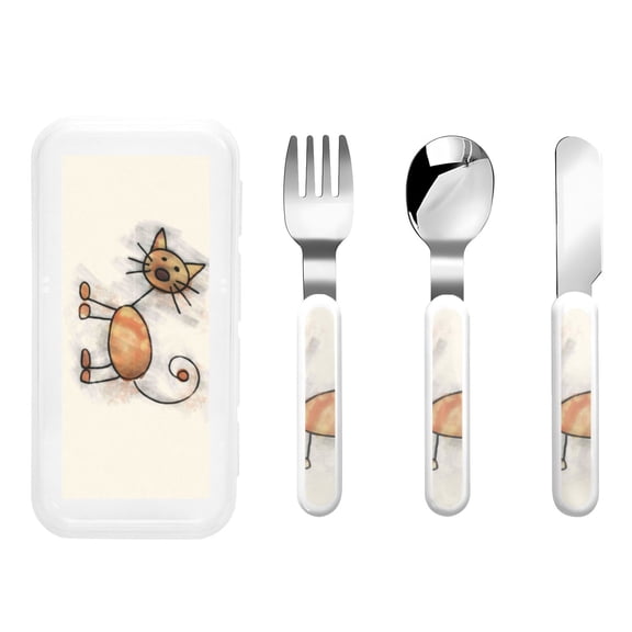 Honeii Brown Cat Cartoon Print Children's Knife, Fork And Spoon Set,Reusable Utensils Set with Case,Travel Cutlery Set,for Kids Adults Camping
