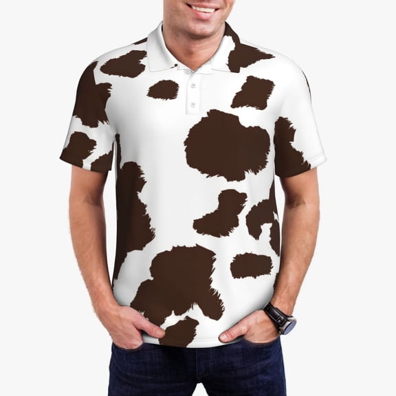 Honeii Brown Cow Print Polo Shirt, A Classic Short-Sleeved, Button-Down Golf Shirt for Men,Mens Polo Shirts Short Sleeve-Medium