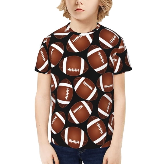 Honeii Brown Football On Black Print Kids Boy T-Shirt,Breathable Round Neck Tee,Stylish Summer Tee for Boys, for Outdoor Activities and Casual Wear