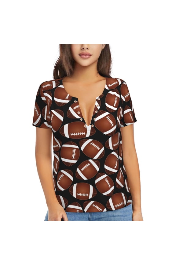 Brown Football On Black Print Women's V-Neck T-Shirt,Short Sleeve V Neck Tees Tops for Women , Perfect for Work, Travel, and Everyday Wear