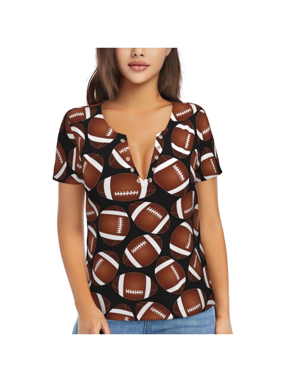 Brown Football On Black Print Women's V-Neck T-Shirt,Short Sleeve V Neck Tees Tops for Women , Perfect for Work, Travel, and Everyday Wear