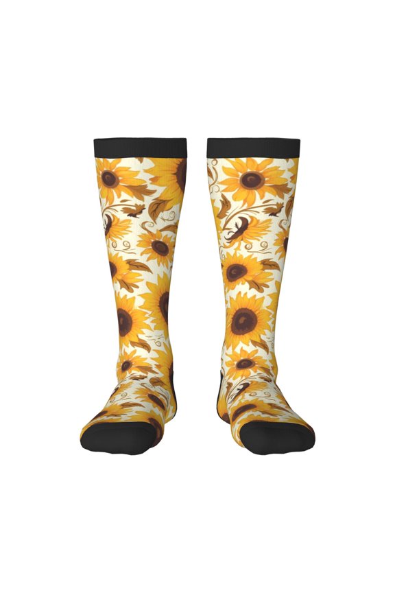 Brown Leaf Pattern Sunflower Print Long Socks,Novelty Design Socks Gift for Men and Women,Crew Socks,Calf Socks