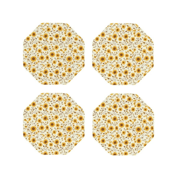 Honeii Brown Leaf Sunflower print Leather Coaster Set of 4, ideal for safeguarding your furniture from drinks spills and effortless cleanup-Octagon