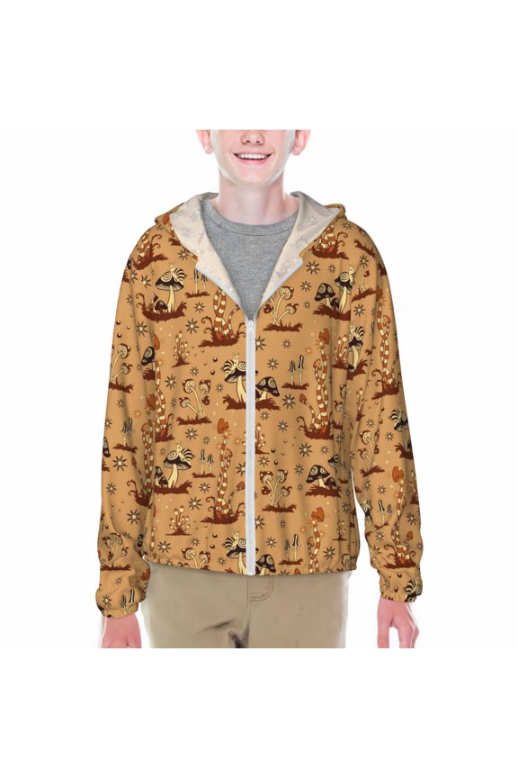 Brown Mushrooms Print Sun Protection Jacket Hooded Cooling Shirt with Pockets Hiking Outdoor Performance-Small