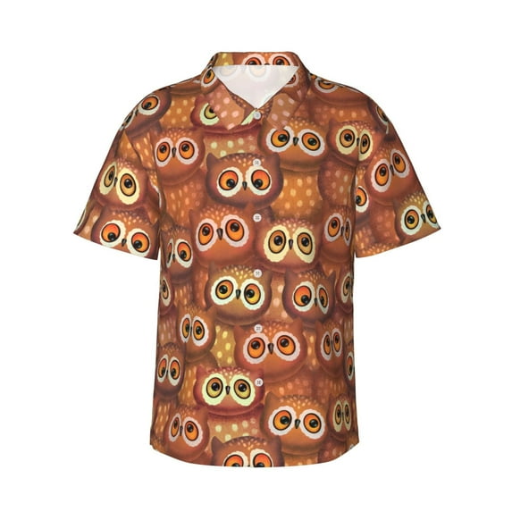 Honeii Brown Owl Print Men’s Hawaiian Shirt,Classic Button-Down Short Sleeve Shirt, for Beach, Vacation, and Outdoor Activities,Medium