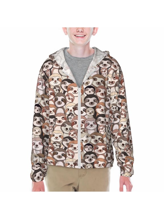 Brown Sloth Print Sun Protection Jacket Hooded Cooling Shirt with Pockets Hiking Outdoor Performance-