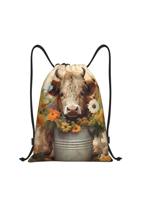 Honeii Bucket Flower Cow Print Drawstring Backpack,Drawstring Bags String Backpack Gym Cinch Sack Backpack Sport Bag Draw-Small